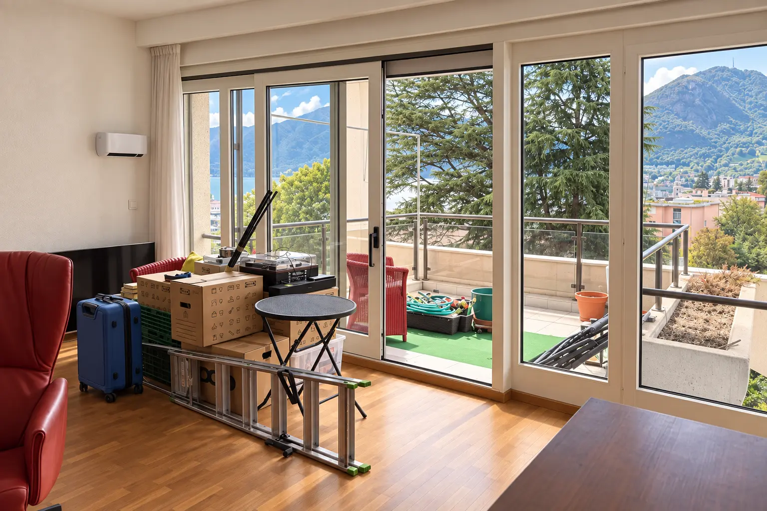 Wohnungsräumung im Tessin: Wohnung mit Möbeln und Umzugskartons Wohnung im Tessin während einer Räumung mit Möbeln und Umzugskartons